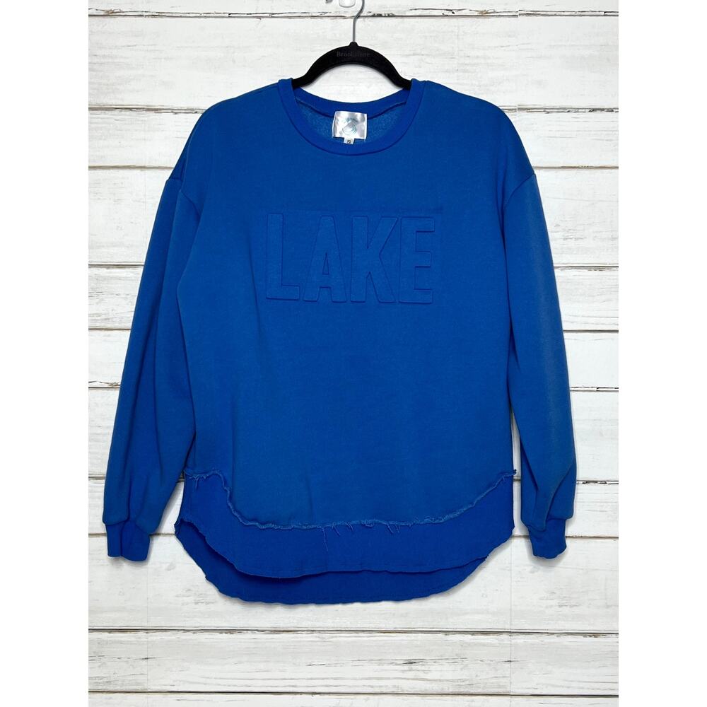 Salty Wave Blue Graphic Sweatshirt “LAKE” Oversized Raw Hem Pullover Size Small